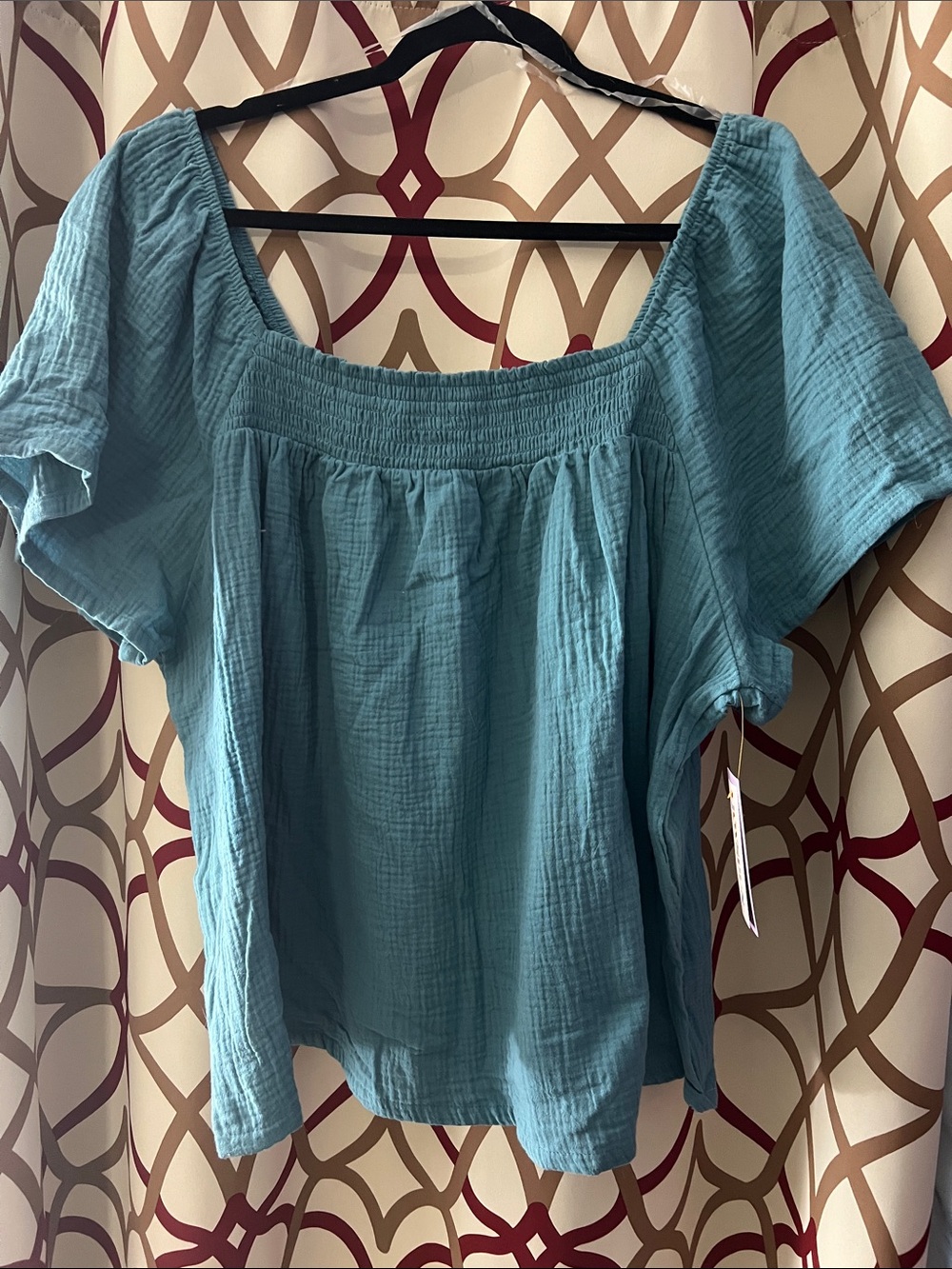 Square-Neck Teal Gauze Blouse with Flutter Sleeves